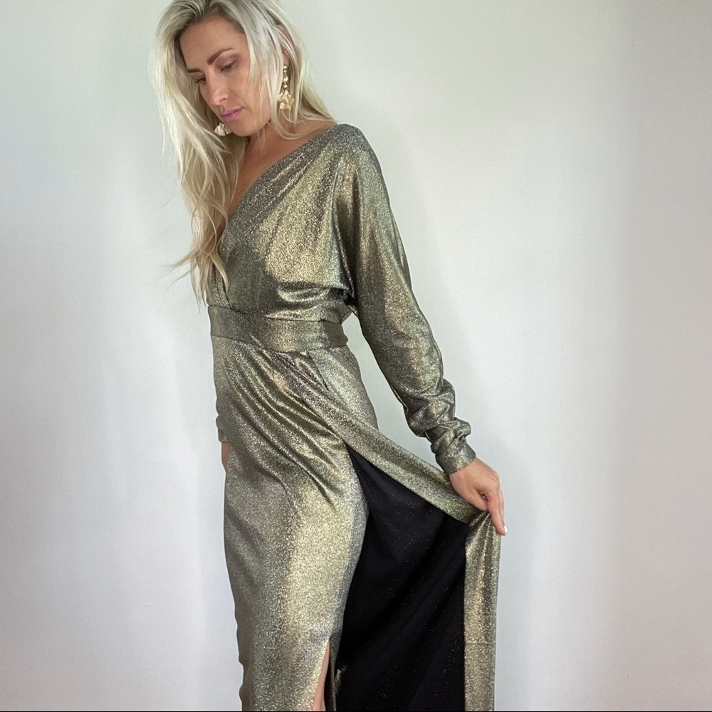 Teri Jon $570 Gold Shimmer Long Sleeve Gown w/Slit - Picture 16 of 16